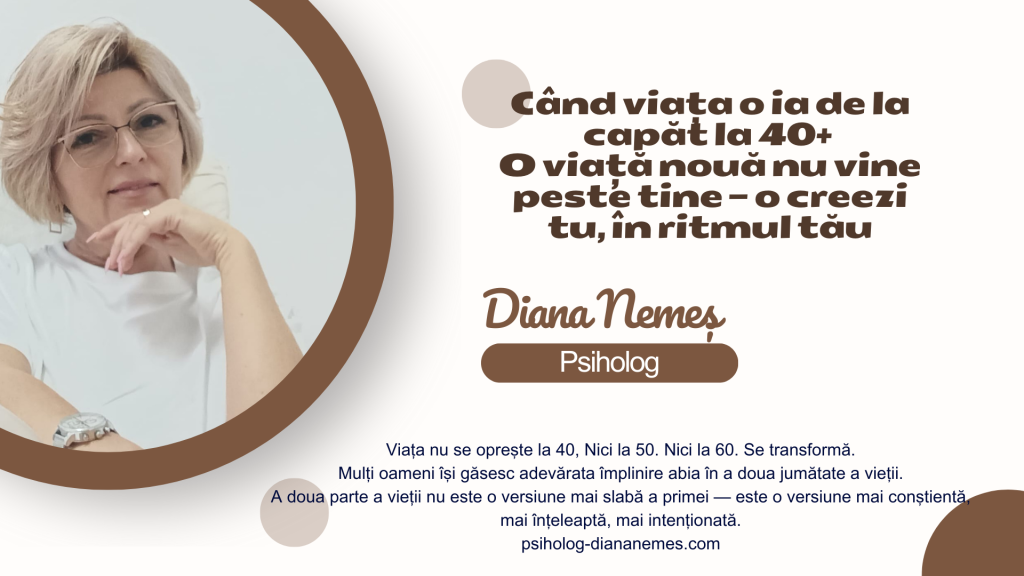 Când viața o ia de la capăt la 40+: Cum să te regăsești după o despărțire dintr-o relație lungă 1 Ai trecut de 40 și simți că după o relație lungă viața ta s-a oprit? Adevărul este altul: acum începe cel mai puternic capitol al tău. În articolul meu nou afli: De ce durerea ta este firească și vindecabilă Cum să-ți regăsești identitatea după ani trăiți „în doi” Ce pași mici pot readuce motivația în viața ta De ce o despărțire la 40+ nu înseamnă sfârșit, ci renaștere Cum sprijinul potrivit poate schimba totul Cum să reconstruiești cu blândețe o viață nouă, în ritmul tău Dacă simți că ți-ai pierdut direcția, articolul acesta e pentru tine. Intră și descoperă câtă putere ai, chiar dacă acum nu o mai vezi.
